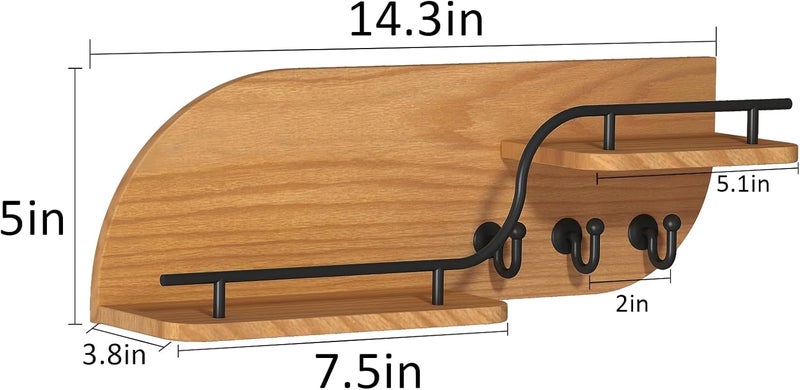 Karisky Modern Decorative Key and Mail Holder with 2 Floating Shelves, Wood Wall Mounted Key Organizer with 3 Metal Hooks for Home Entryway, Brown - Image 5